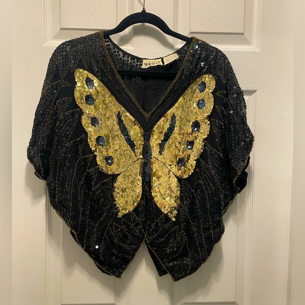 Vintage 80s Shomax Butterfly black and gold beaded and sequin 100% silk top.